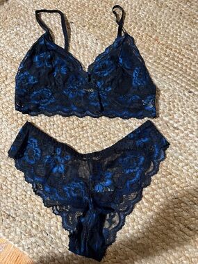 Lace Bralette & Bikini Set - Black with Blue Floral Accents